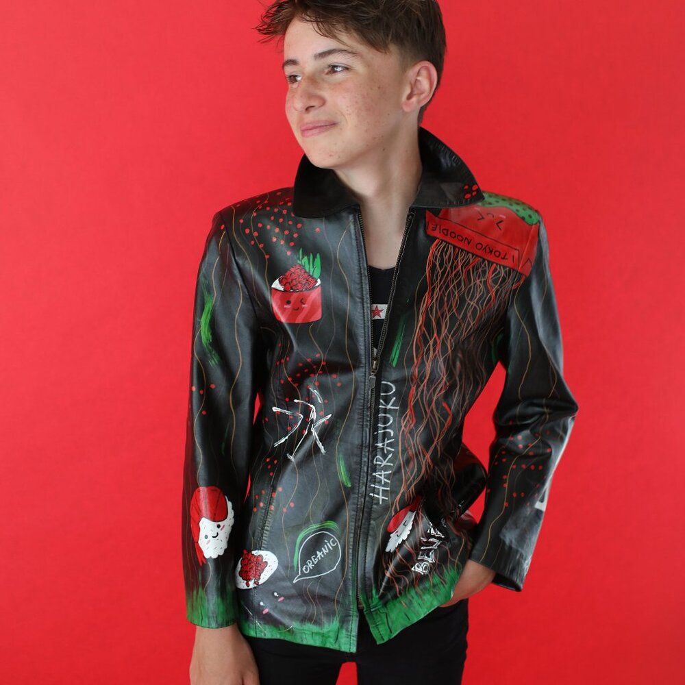 Upcycled Unisex Leather Jacket for Teens & Kids, 'Sushi', Harajuku, Size XS